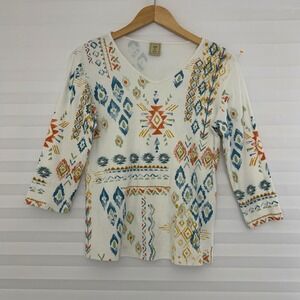 Jess & Jane Womens Southwestern Tribal Print V-Neck Top 3/4 Sleeve White Multi